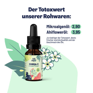 Omega-3 für Kinder mit Mikroalgenöl und Ahifloweröl – Totoxwert 2,90 bzw. 3,95 als Qualitätsmerkmal für Frische und Geschmack des Öls. Mit praktischer Pipette zur einfachen Dosierung.